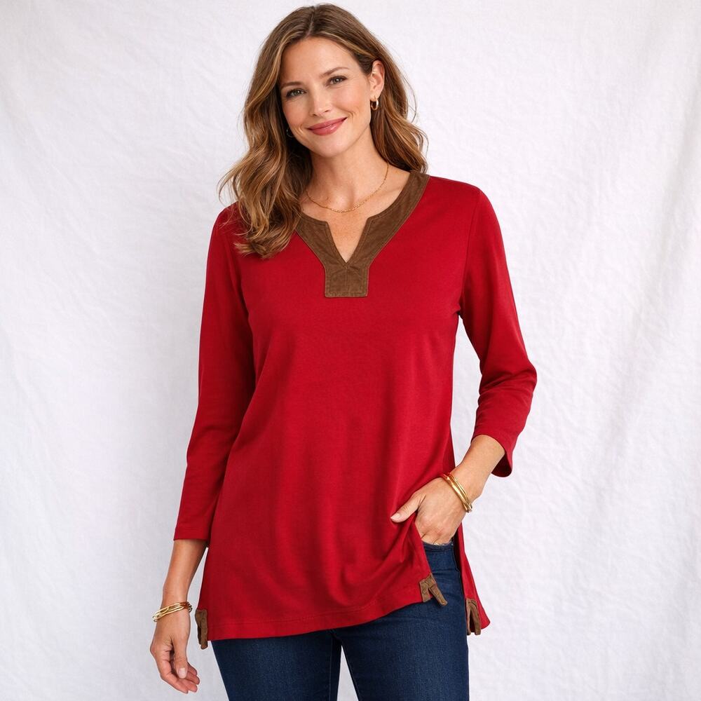 Lauren Ralph Lauren Red V Neck Top with Faux Suede Trim Size Large